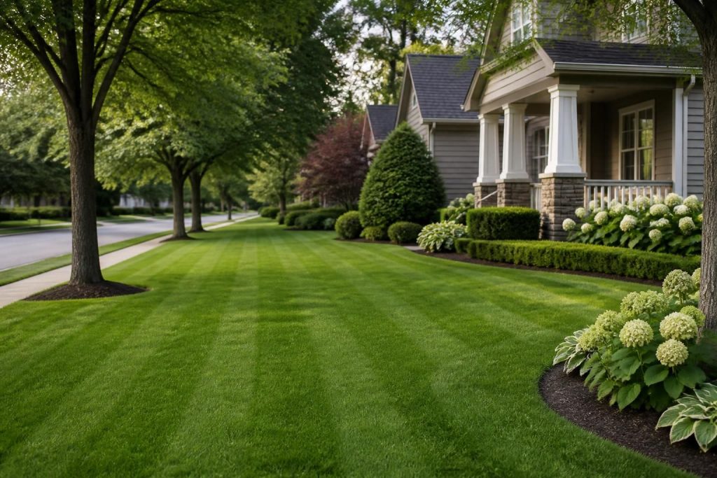 Wide view of a lush, professionally maintained suburban lawn.