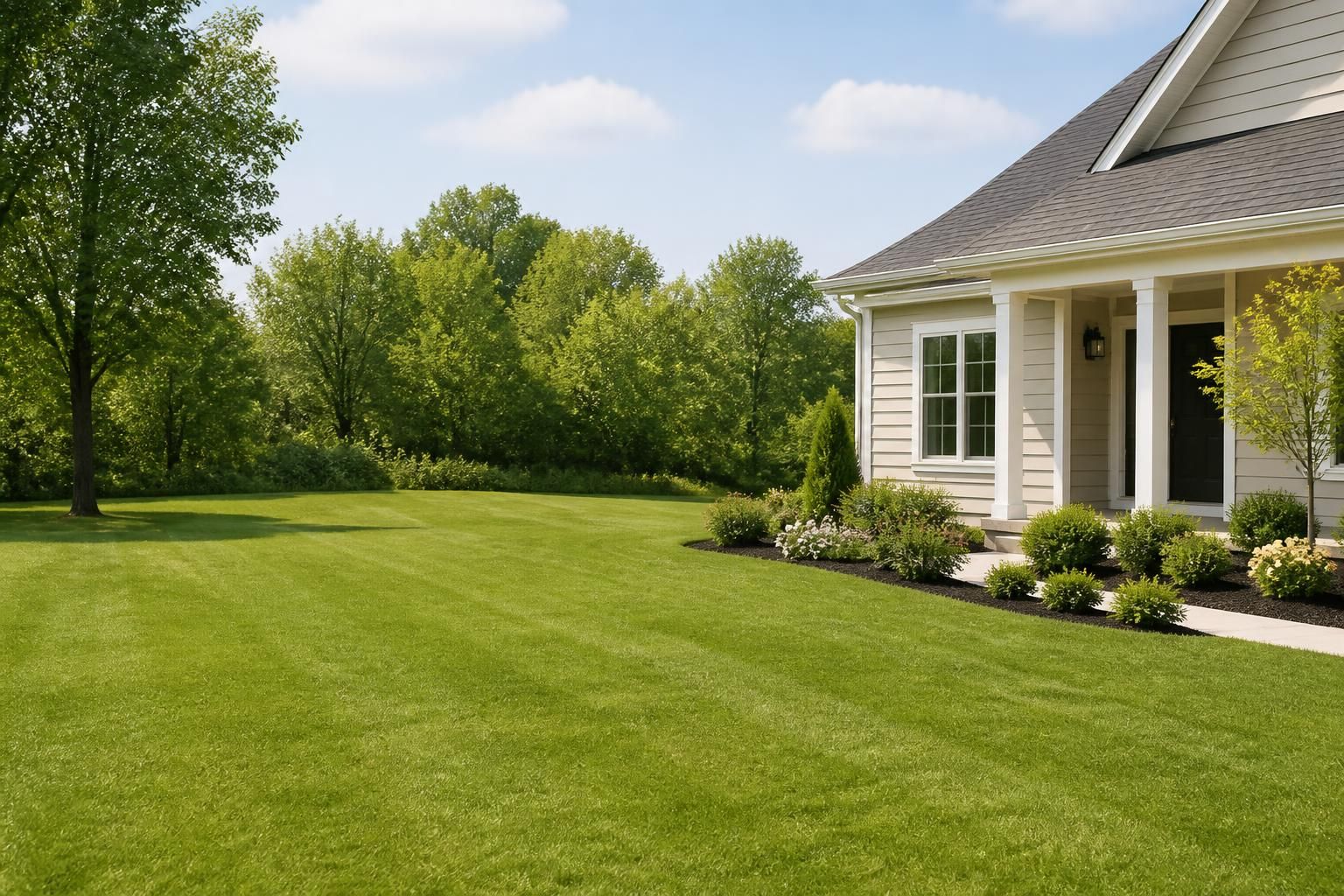 Bright maintained lawn with open space for call-to-action text.